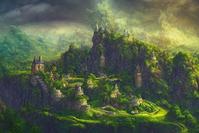 Image similar to cell shaded image of a fantasy single small castle, highly detailed, on lush green hills with a forest in the background, digital illustration, by Tony Sart, by Anato Finnstark