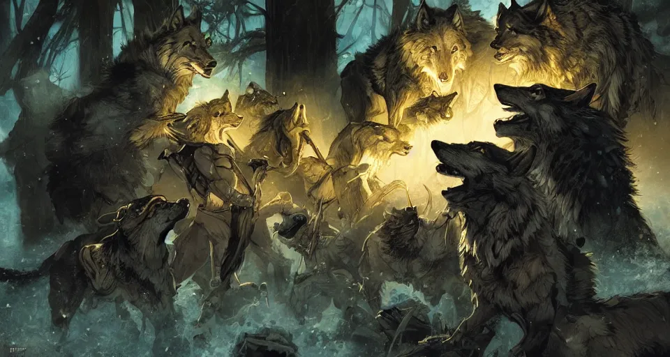 Image similar to WOLVES AND THEIR TREASURES. By Travis Charest, James Gurney, and Ashley Wood. dramatic lighting. Magic the gathering. digital painting.