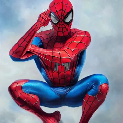 Image similar to photorealistic, hyperdetailed oil painting of a spider - man and iron man hybrid