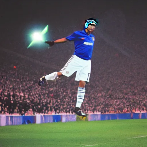 Image similar to close photograph, jose mourinho jumping in the sky shooting lasers, beautiful picture