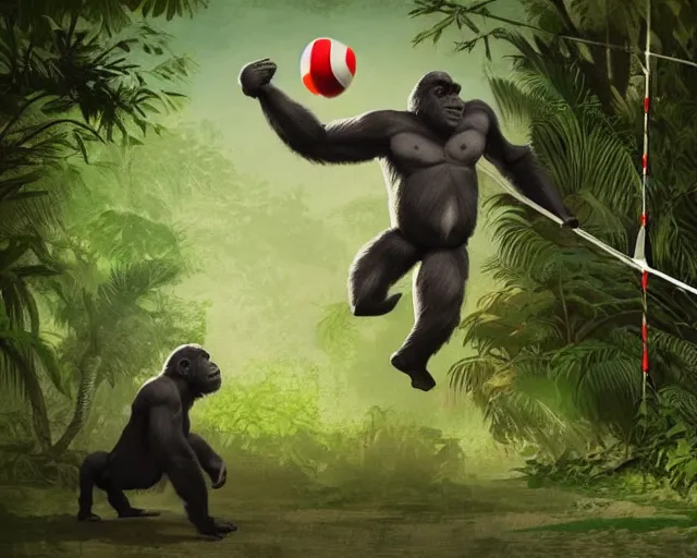 Prompt: a gorilla playing volleyball in a jungle, holding a volleyball, volleyball net, digital art, in the style of greg rutkowski