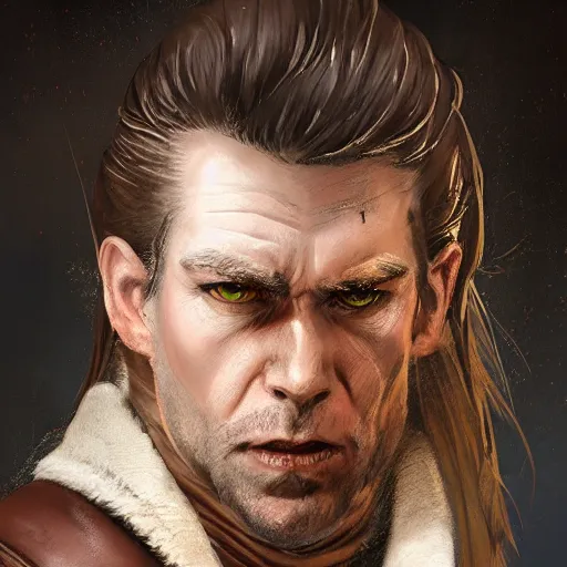 Image similar to portrait of a muscular, grim, ponytail haired blonde man in his late 30's, wearing a thick brown leather coat, looking to his side, scarred face, blue eyes, hunter, DnD character, fantasy character, dramatic lighting, digital art by Ruan Jia, Krenz Cushart, Rossdraws and Boris Vallejo