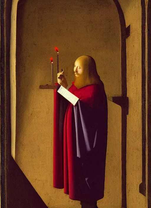 Image similar to red candle, medieval painting by jan van eyck, johannes vermeer, florence