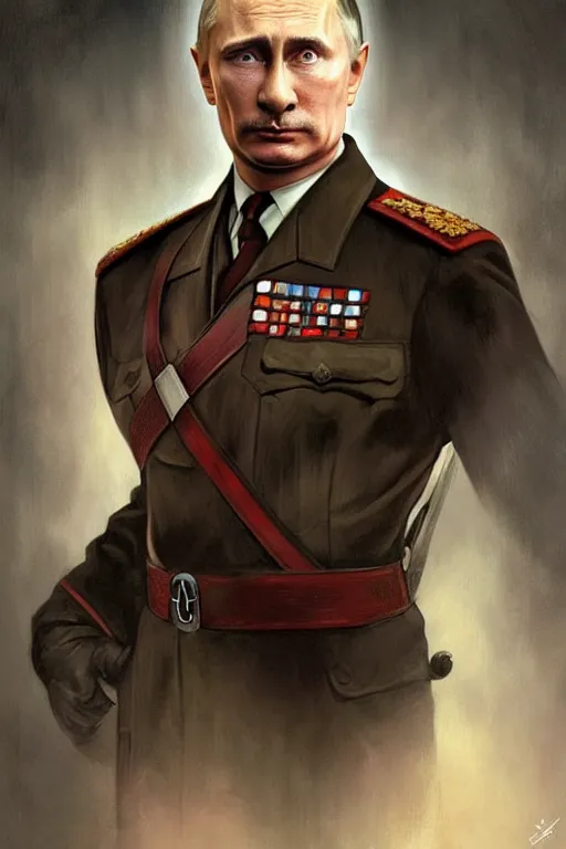 Image similar to vladimir putin as hitler, realistic portrait, symmetrical, highly detailed, digital painting, artstation, concept art, smooth, sharp focus, illustration, cinematic lighting, art by artgerm and greg rutkowski and alphonse mucha