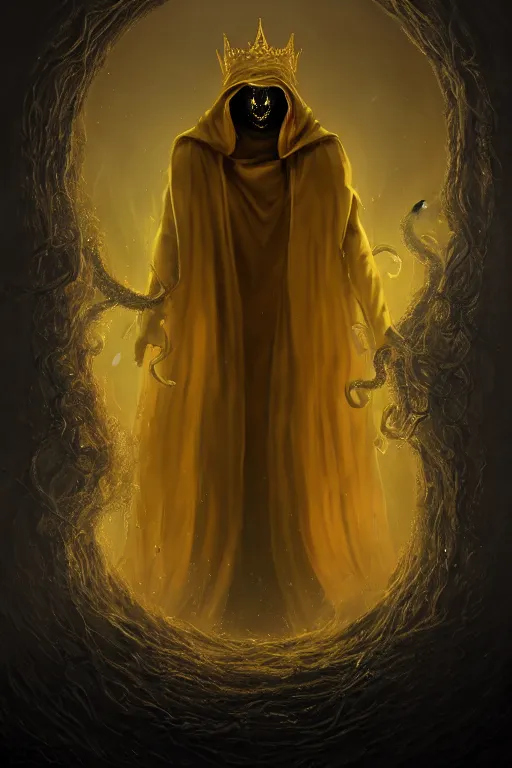 Image similar to A full body portrait of a mysterious character with no face with a very long hooded yellow cloak, a golden crown floating above his head tentacles coming out the ground art by Shaddy Safadi and Jason Chan, ominous, cosmic horror, trending on artstation, Ultra detailed, hyper realistic 4k