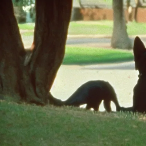 Image similar to film still from the 1995 movie 'My Dog Is A Psychopath'. The owner confront his crazy dog. Sigma 85mm f/8