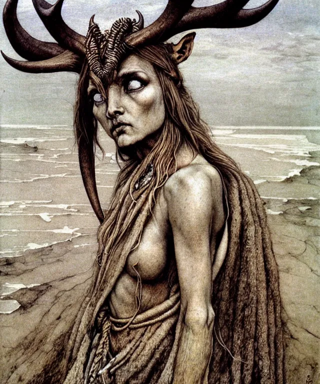 Image similar to A detailed horned antelopewoman stands by the sea. Wearing a ripped mantle, robe, many rings. Hooves, extremely high details, realistic, fantasy art, solo, masterpiece, art by Zdzisław Beksiński, Arthur Rackham, Dariusz Zawadzki