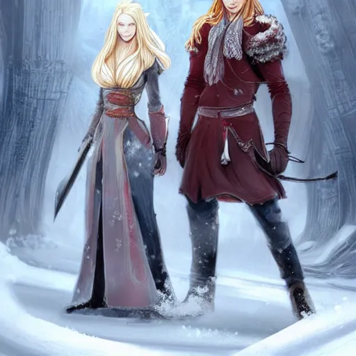 Image similar to A woman and a man are standing in the snow, the woman is leaning against the man, the man has long red hair, the woman has blonde long hair, the man has a red thick sword, the woman has a thin, long sword, a tree almost fully covered in bulky snow, concept art by Fabien Charuau, trending on pixiv, fantasy art, official art, wiccan, concept art, 4k, sharp details