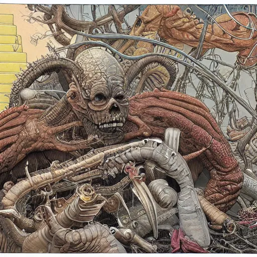 Image similar to an impossible nightmare beyond comprehension, very very detailed painting by geof darrow and greg rutowski and hr giger