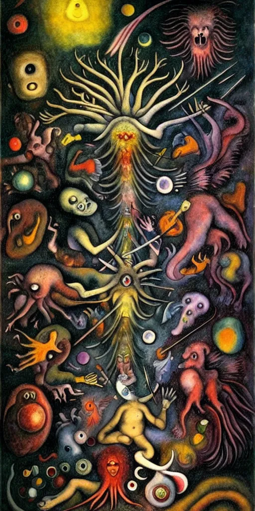 Prompt: mythical creatures and monsters in the visceral anatomical human heart imaginal realm of the collective unconscious, in a dark surreal mixed media oil painting by bosch and kandinsky, dramatic lighting from inner fire