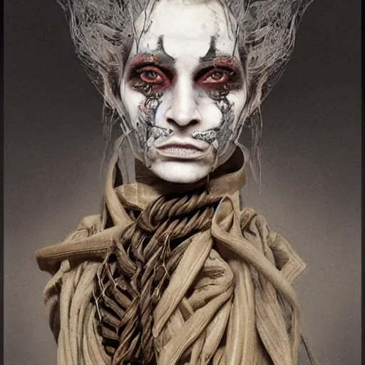 Image similar to portrait of a Shibari rope wrapped face and neck, headshot, insanely nice professional hair style, dramatic hair color, face paint half and half, digital painting, of a old 15th century, old cyborg merchant, amber jewels, baroque, ornate clothing, scifi, realistic, hyperdetailed, chiaroscuro, concept art, art by Franz Hals and Jon Foster and Ayami Kojima and Amano and Karol Bak,