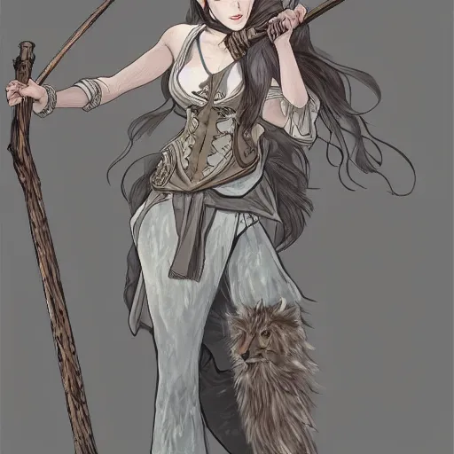 Prompt: detailed 2 d fantasy picture a woman with gray hear, using dead lion costume jacket, and holding long stick in the style of artgerm and greg rutkowski and alphonse mucha