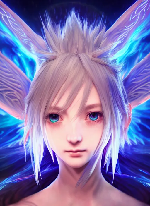 Prompt: nymph of the astral realm, character portrait in the style of final fantasy and kingdom hearts, cinematic lighting, hyperdetailed, 8 k realistic, symmetrical, global illumination, radiant light,, frostbite 3 engine, cryengine, dof, trending on artstation, digital art, chanel