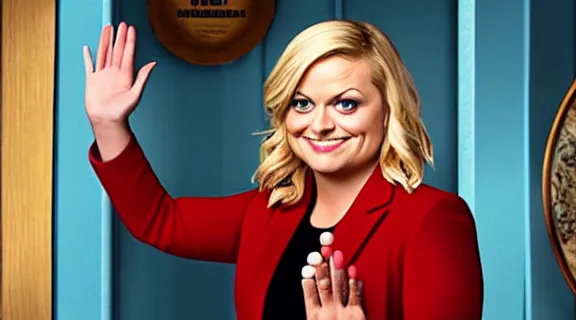 Prompt: leslie knope from the tv show parks and recreation waving goodbye, amy poehler