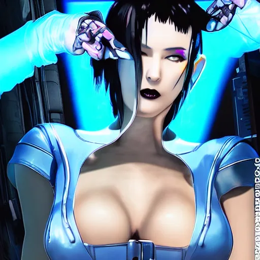 Prompt: cyberpunk Blade Runner 2077 Ghost in the Shell big bust beautiful synthwave witch girl in blue latex dress and blue latex gloves