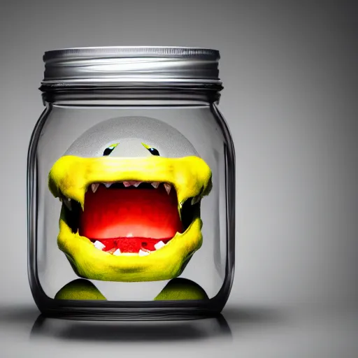 Image similar to Evil monster in a jar, product photography, centered, studio lightning