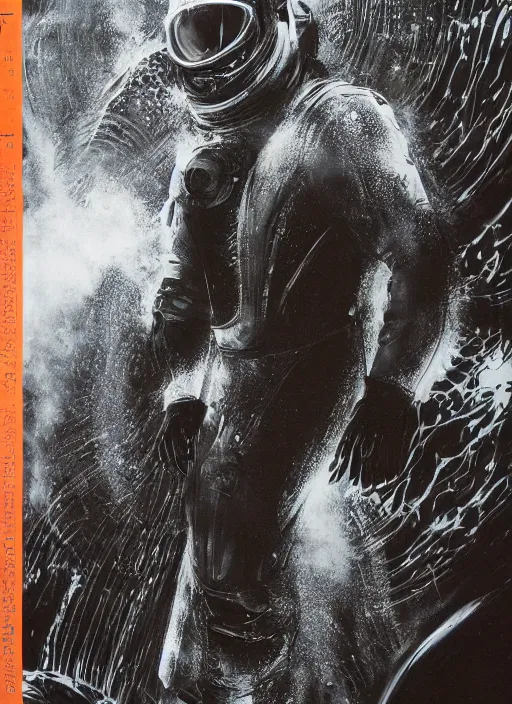 Image similar to astronaut in dark void underwater - complex and hyperdetailed technical suit design. reflection and dispersion materials. rays and dispersion of light. volumetric light. f / 3 2. noise film photo. flash photography. ultra realistic, 5 0 mm. poster by wayne barlowe, hajime sorayama aaron horkey, craig mullins