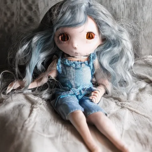 Prompt: a haunted doll with blue hair and scissors, moody lighting by Lilia Alvarado