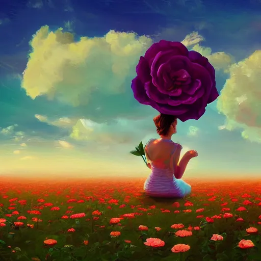 Image similar to giant rose flower head, full body girl sitting in a flower field, surreal photography, sunrise, dramatic light, impressionist painting, colorful clouds, digital painting, artstation, simon stalenhag