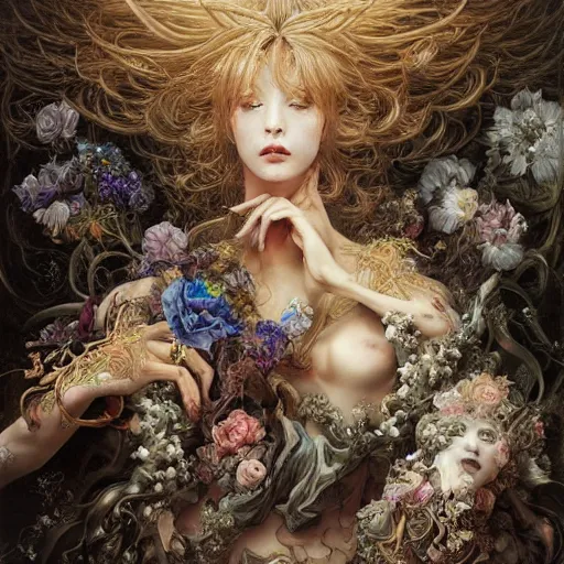 Prompt: regeneration can only be attained by two souls working in unison and harmony baroque, rococo, dramatic, elaborate, emotive, and transcendental , painted by Ayami Kojima and WLOP