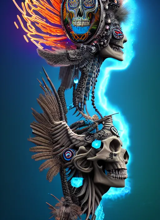 Image similar to 3 d shaman with tattoos profile portrait, sigma 5 0 0 mm f / 5. beautiful intricate highly detailed quetzalcoatl skull and feathers. bioluminescent, plasma, lava, ice, water, wind, creature, thunderstorm! artwork by tooth wu and wlop and beeple and greg rutkowski, 8 k trending on artstation,