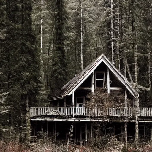 Prompt: a photo of a Eerie cabin in the middle of the woods in the style of 1980s found footage