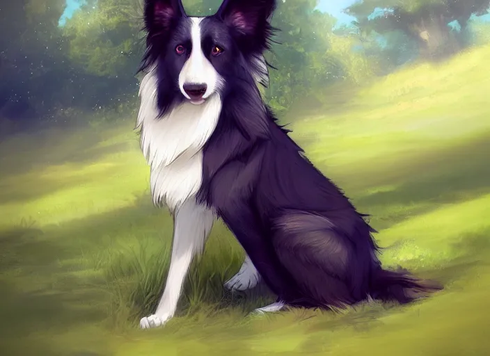 Image similar to wide angle beautiful full body portrait of a cute male anthropomorphic anthro border collie fursona in a park, character design by charlie bowater, henry asencio, and ross tran, disney, scenic background, detailed, glamor pose, aesthetic, trending on artstation, furaffinity, deviantart