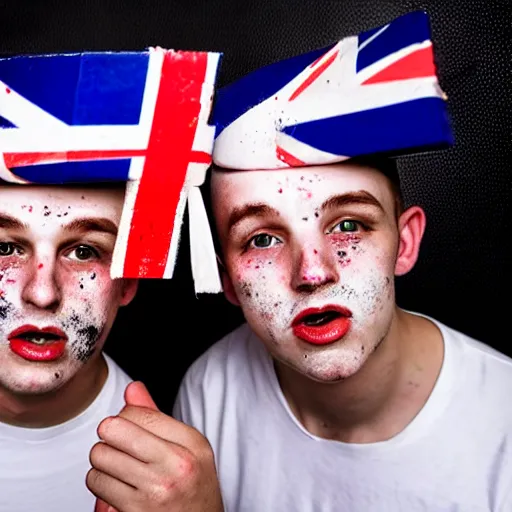 Image similar to mid-shot portrait photograph of two male British chav youths holding knives, with white powder on their faces, wearing the Union Jack, and wearing fez caps, high quality