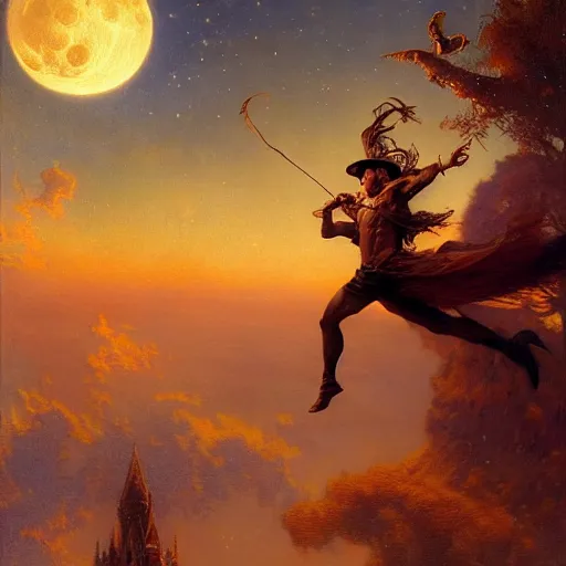 Image similar to attractive male witch magically flying trough the night, fantasy, full moon in background. highly detailed painting by gaston bussiere, craig mullins, j. c. leyendecker 8 k