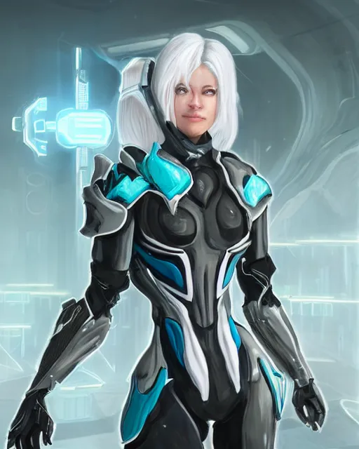 Image similar to perfect aidra fox with white hair, warframe armor, beautiful, dreamy, pretty face, blue eyes, portrait, bright light, scifi, utopian architecture in the background, laboratory, ultra realistic, intricate, glow, cinematic, extreme details, focused, masterpiece, art by seunghee lee, blair armitage