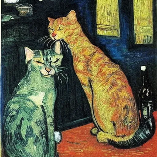 Prompt: three cats drinking in a bar, Van Gogh