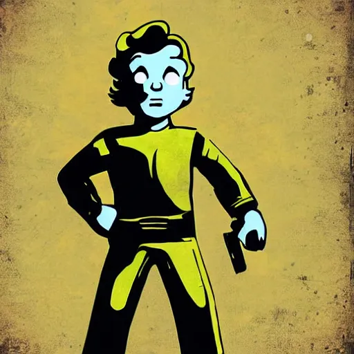 Image similar to digital art cold war poster of vault boy from fallout 3 game,