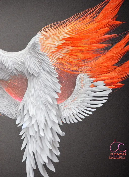 Image similar to white phoenix orange pink salt crystals sharp detail 3d render simple background sharp contrast feathers graphic design fai khadra gaika style