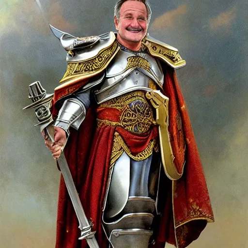 Image similar to an ultradetailed portrait of robin williams dressed as a fantasy holy paladin, carrying a large tower shield, d & d, fantasy, intricate, elegant, highly detailed, digital painting, matte, sharp focus, illustration, plate armor, god rays, art by john collier and albert aublet and krenz cushart and artem demura and alphonse mucha