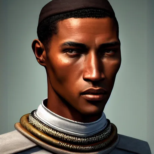 Prompt: A Crusader Kings II portrait of an African American young man with high cheekbones. Good bone structure. Dressed in 1940s style. Highly detailed, fine Art, high detail, great lighting, 8k resolution, masterpiece, concept art, illustration, clear eyes, painting oil on canvas, octane render, HDR, trending on artstation, 4k, 8k, HD