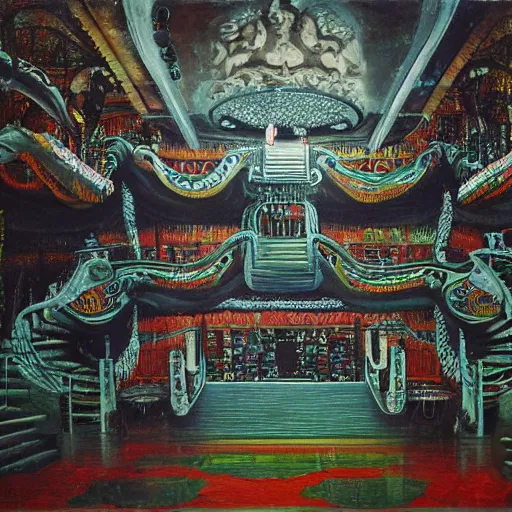 Image similar to high quality, high detail painting, dutch masterpiece, fluxus, film noir, ernst haekl, empty theater stage in las pozas with quetzalcoatl at night, hd, muted lighting