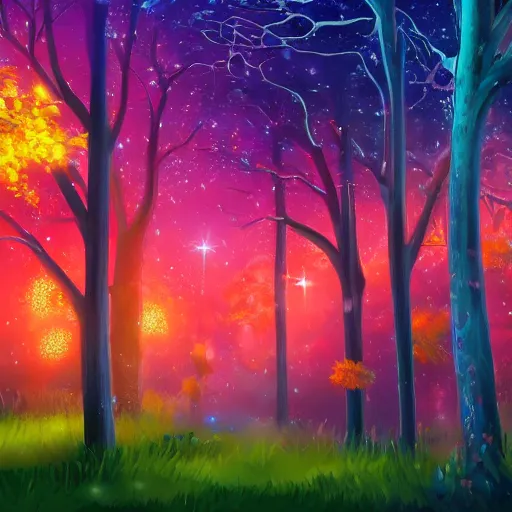 Prompt: landscape with colorful trees with furry leaves and fireflies, luminescent detailed magical realism painting 4 k artstation