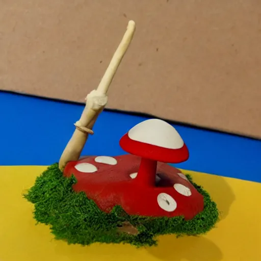 Prompt: a claymation mushroom holding a cardboard sword