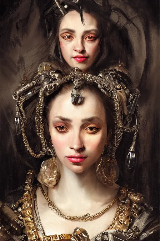 Prompt: moody portrait, headshot, digital painting, of a 17th century, beautiful cyborg girl merchant, dark hair, amber jewels, baroque, ornate clothing, scifi, futuristic, realistic, hyperdetailed, chiaroscuro, concept art, art by frans hals