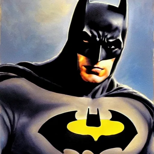 Prompt: ultra - realistic head and shoulders portrait painting of batman with his cowl on. art by frank frazetta. 4 k. ultra - realistic. highly detailed. epic lighting