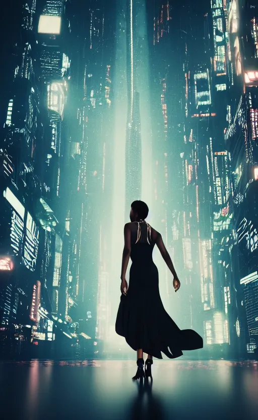 Image similar to an elegant Black woman in dress and heels, her back is to us, looking at a futuristic Blade Runner city, 8K