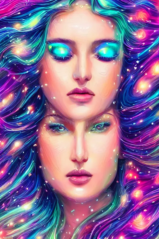 Image similar to a super realistic beautiful young womans face, magical, space stars and planets in her hair, windblown, intricate, synth-wave, retrowave, colorful, highly-detailed, elegant, dramatic lighting, gorgeous face, lifelike, photorealistic face, long luxurious intricate gown, digital painting, artstation, illustration, concept art, smooth, sharp focus, art by Jude Palencar, John Collier, artgerm, and Albert Aublet and Krenz Cushart and Artem Demura and Alphonse Mucha