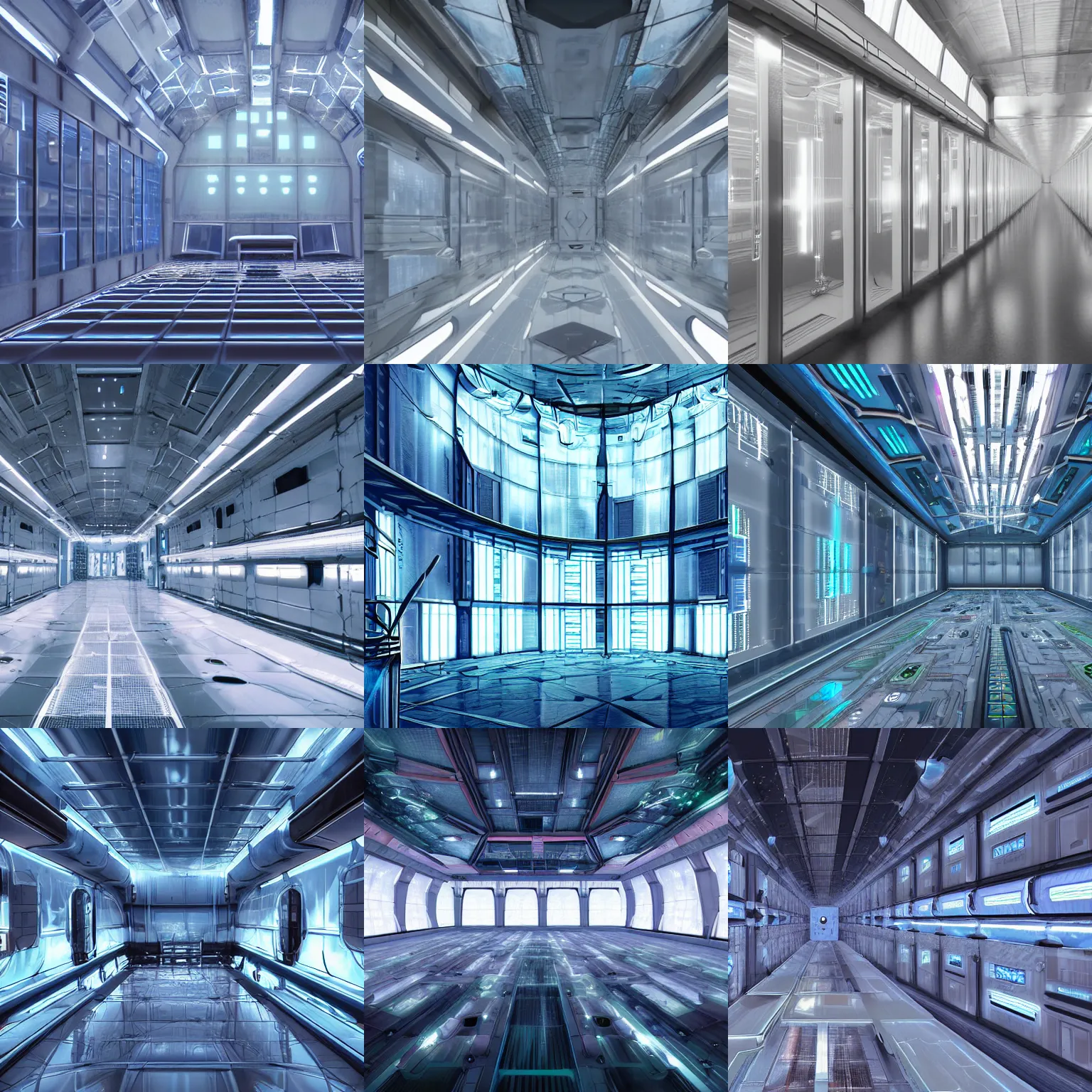 Prompt: large hall, people sleep in transparent cryochambers in a spaceship, cyberpunk, sky - fi,