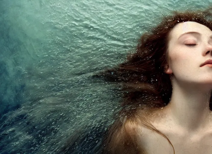 Prompt: Kodak Portra 400, 8K, soft light, volumetric lighting, highly detailed, britt marling style 3/4 by Giovanni Gastel , extreme Close-up portrait photography of a beautiful woman how pre-Raphaelites with her eyes closed,inspired by Ophelia by Martin Stranka , the face emerges from water of Pamukkale, underwater face, hair are intricate with highly detailed realistic beautiful brunches and flowers like crown, Realistic, Refined, Highly Detailed, soft blur background, outdoor soft pastel lighting colors scheme, outdoor fine art photography, Hyper realistic, photo realistic