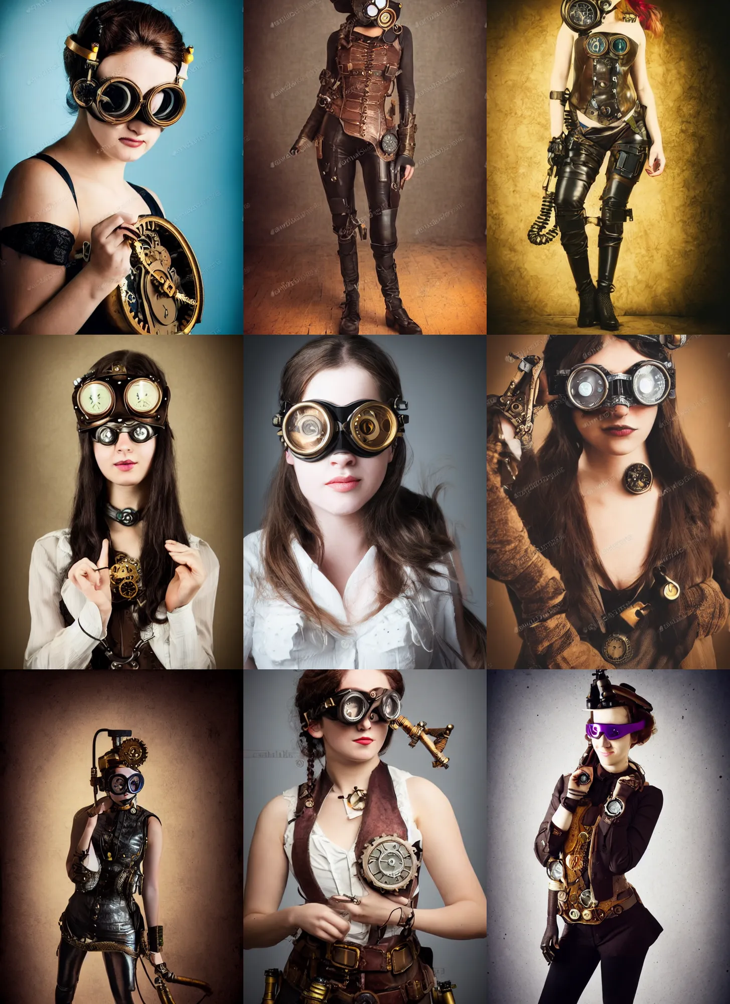 Prompt: full body photograph of a steampunk female with a beautiful face wearing goggles, soft lighting