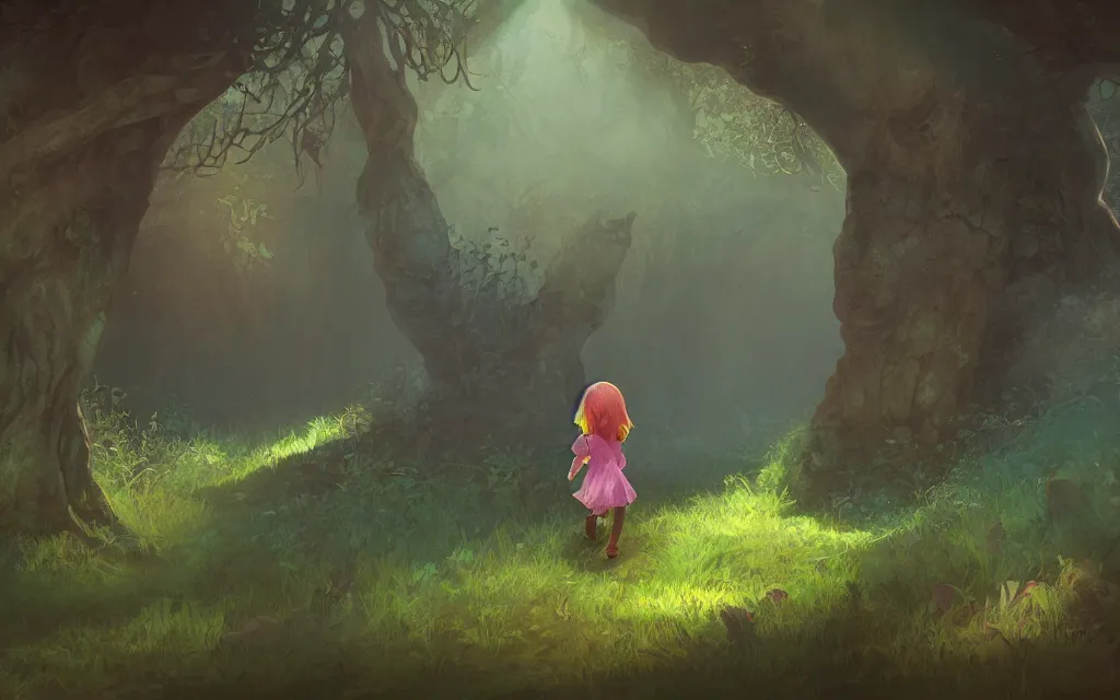 Prompt: little girl walking in an ancient forest, complementary colors, ruins, fantasy art, indie game art, dynamic lighting, artstation, mucha, volumetric lighting