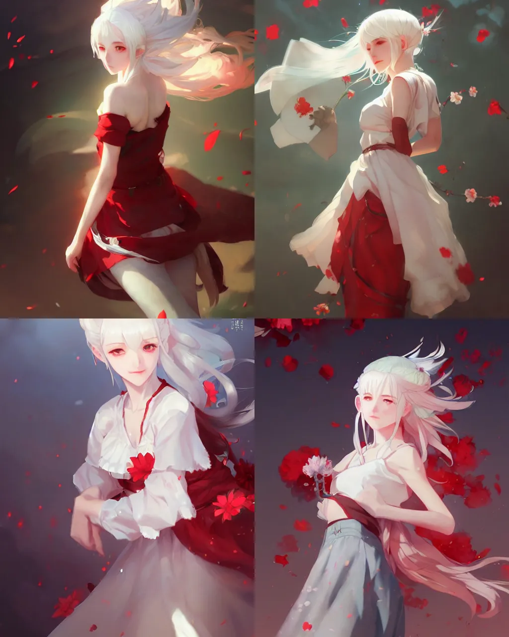 Prompt: a girl with white hair and red skirt, flower decoration on the background, a beautiful half body illustration, top lighting, perfect shadow, soft painting, art by hidari and krenz cushart and wenjun lin