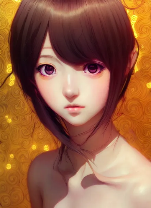 Image similar to portrait of beautiful young anime girl, cute-fine-face, pretty face, realistic shaded Perfect face, fine details. Anime, cyberpunk, Warhammer, highly detailed, artstation, illustration, art by Ilya Kuvshinov and Gustav Klimt