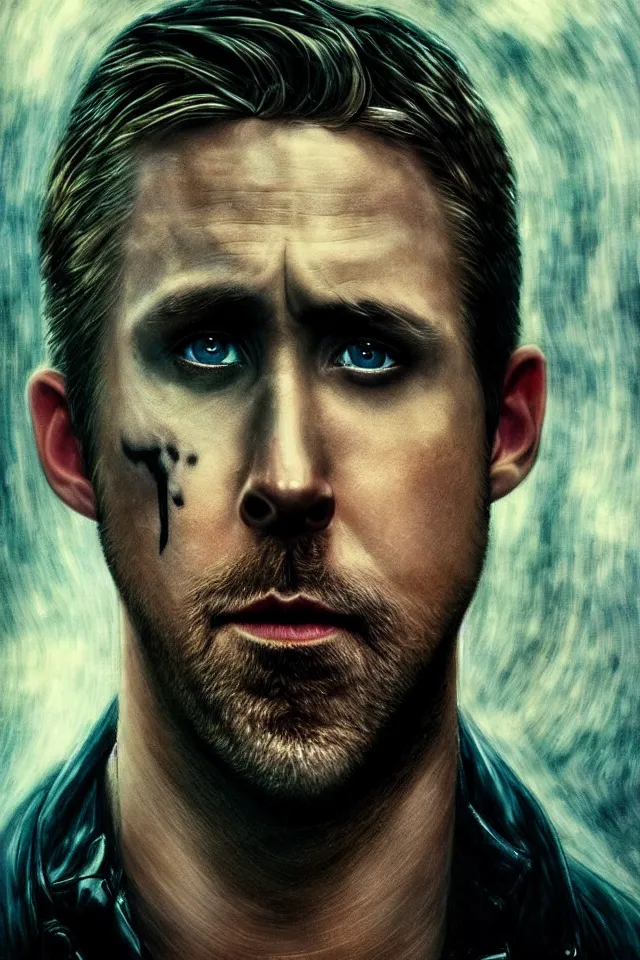 Image similar to Ryan Gosling As The Punisher, skull face makeup, head and shoulders portrait, stormy weather, extremely detailed masterpiece, oil on canvas, low-key neon lighting, artstation, Blade Runner 2049, Roger Deakin’s cinematography, by J. C. Leyendecker and Peter Paul Rubens and Edward Hopper and Michael Sowa