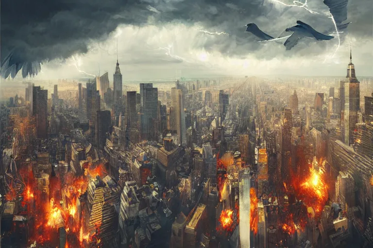 Prompt: giant bird destroys New York, dramatic oil painting, volumetrics, octane render, explosions, cityscape, by WLOP, by Artgerm